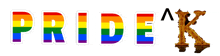 the word pride is written in rainbow colors with the letter k in the middle