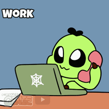 a cartoon of a lizard sitting in front of a laptop with the words work work below it