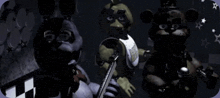 a group of five nights at freddy 's characters are standing next to each other in a room .
