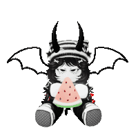 a black and white drawing of a girl with horns holding a slice of watermelon .