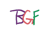 the letters bgf are drawn in blue red and green on a white background