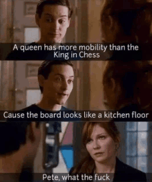 a queen has more mobility than the king in chess because the board looks like a kitchen floor .