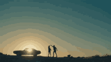 a man and a woman dancing in front of a car at sunset