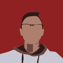 a man wearing glasses and a white hoodie has a red background