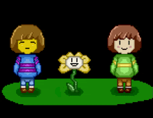 a pixel art of frisk and chara standing next to each other