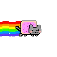 a pixel art drawing of a cat flying through a rainbow