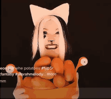 a woman with a cat ear is holding a bowl of potatoes