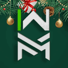 a green background with christmas decorations and the letter m