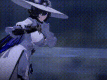 a woman in a white dress and hat is standing in a dark room in a video game .