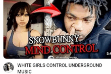 a man and a woman are shown in a video titled snowbunny mind control