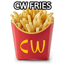 a red mcdonald 's container of french fries with the words cw fries above it