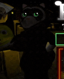 a raccoon with green eyes is standing in a dark room