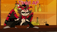 a cartoon character is sitting at a bar with the words tired af written above him