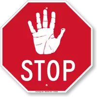 a red stop sign with a hand on it