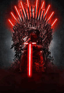 a man sitting on a throne with a red light saber