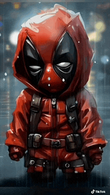 deadpool is wearing a red jacket with a hood