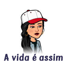 a cartoon of a woman wearing a baseball cap and the words " a vida e assim " below her