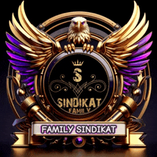 a logo for a family named sindikat with an eagle and purple wings