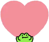 a green frog is holding a pink heart in its hands