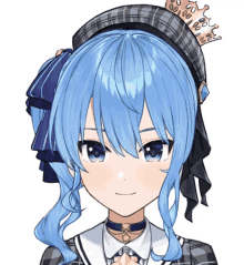 a girl with blue hair is wearing a plaid hat