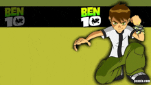 a ben 10 cartoon character is kneeling down in front of a green and black background