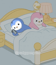 a couple of penguins laying on a bed with the words @puddypenguins on the bottom right