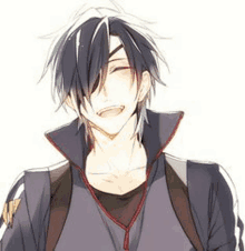 a close up of a anime boy with black hair and a backpack .