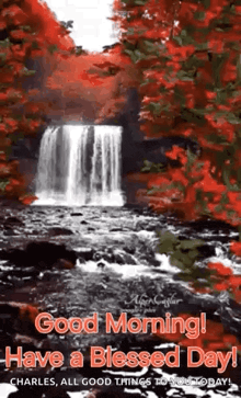 a waterfall in the middle of a forest with red leaves and trees .