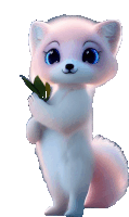 a pink and white animal with blue eyes is holding a leaf