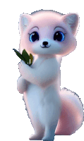 a pink and white animal with blue eyes is holding a leaf