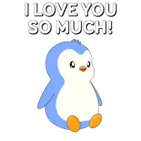 two penguins are sitting next to each other with the words i love you so much above them