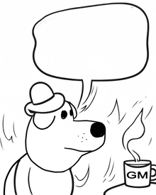 a black and white drawing of a dog with a hat and a cup that says gmd