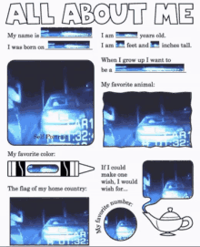 a page that says all about me with a picture of a car