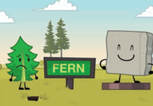 a sign that says fern next to a tree and a stone