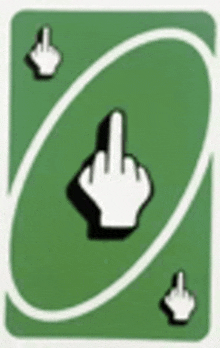 a green uno card with a hand giving a middle finger .