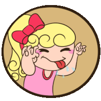 a cartoon girl with blonde hair and a red bow on her head is sticking out her tongue