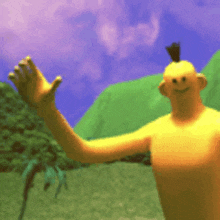 a yellow cartoon character with a mohawk on his head is waving his hand