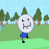 a cartoon character is standing on one leg in a field .