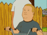 a cartoon of a man riding a bicycle with a fence in the background