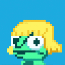 a pixel art drawing of a frog with yellow hair and glasses on a blue background .