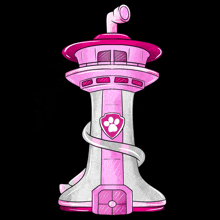 a cartoon drawing of a pink and white tower with a paw print on it