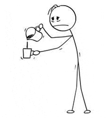 it is a cartoon of a stick figure pouring coffee into a cup .