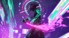 a neon samurai holding a sword with a purple glowing blade