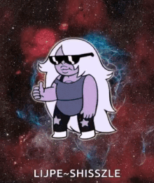 a cartoon character with long purple hair and sunglasses is giving a thumbs up .