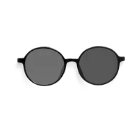 a pair of round sunglasses with a black frame and grey lenses