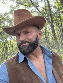 a man with a beard wearing a brown cowboy hat