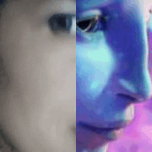 a close up of a person 's face with a purple and blue background