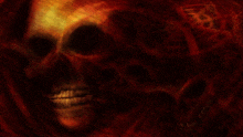 a skull is surrounded by other skulls on a dark red background