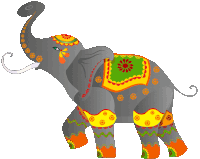 a colorful elephant with a green and yellow saddle on its back