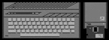 a black and white drawing of a keyboard and computer tower